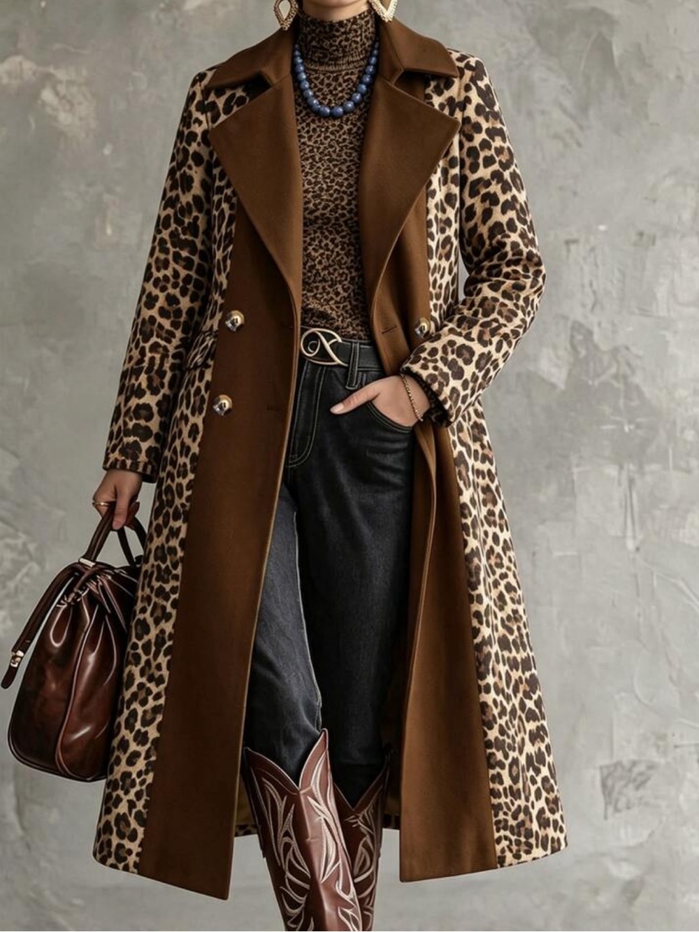 Ladies' Autumn-Winter Commuter Casual Lazy Brown Leopard Print Coat